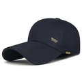 Navy blue men's baseball cap with gold SPORTS STYLE metal logo in a side view - Adjustable / Navy Blue