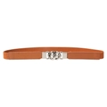 Slim elastic waist belt for women in brown with silver multi-ring buckle closure - Camel Silver