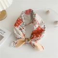 Square silk scarf with mixed red floral, yellow plaid, and strawberry print patterns - Patchwork Orange Red