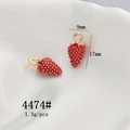 Detail view of red strawberry pendants with gold spots showing dimensions 9mm by 17mm - 4474# Strawberry Pendant
