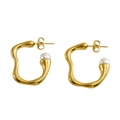 Pendientes de aro irregulares de acero bañados en oro 18k con detalles de perlas blancas - Dorado