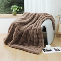 Close-up of thick coffee brown plush blanket with luxury faux rabbit fur stripe texture - Brown