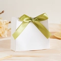 Elegant white square wedding candy box featuring a premium olive green satin ribbon bow - Small / Blank White (Grass Green Ribbon)