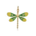 Detailed macro view of a gold dragonfly pendant with green and yellow enamel wings - Green Dragonfly Pendant