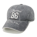 Detail of grey washed cotton baseball cap with white Gorgeous 86 patch embroidery - Dark Gray
