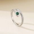 Macro shot of silver snake ring scale textures and green gemstone inlay details - Green Gemstone Snake Open Style-Steel (KR111432-GC)