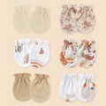 Set of 6 pairs infant anti-scratch cotton mittens with floral and animal prints - One Size / 6 Pairs Set I (Beige/Khaki/Floral/Leaf/Bear) / Elastic Cuff (0-1 Year)