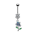 Detailed view of silver navel ring with crystal flower pendant and green leaf accents - Silver Iridescent Flower Style (#9)