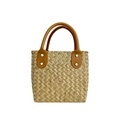 Bolso de paja tejido en beige y verde con asas marrones y remaches de metal - Color Claro