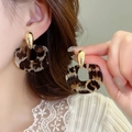 Fashionable resin leopard print geometric round drop earrings with golden metal finish - 39# 925 Sterling Silver Earring Post - Gold Leopard Print