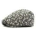 Vintage flat ivy cap with black and white abstract floral pattern in textured fabric - Adjustable / Black