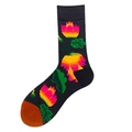 Deep grey mid-calf cotton sock featuring vibrant floral patterns and brown toe details - Dark Gray Vibrant Floral (1343C)