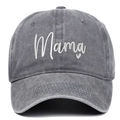 Close-up of white Mama embroidery with heart on dark grey washed cotton baseball cap - Adult Adjustable / Gray