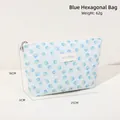 Light blue floral lace makeup bag with woven flower pattern and chic leather brand label - Hexagonal Bag / Blue