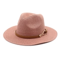 Detail of woven straw fedora featuring a brown leather band and metallic buckle - M (56-58cm) / Dusty Pink