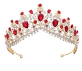 Detailed view of luxury bridal crown with red water-drop crystals on a gold metal frame - Gold Base-Red
