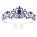 Macro view of bridal crown with deep blue rhinestones and silver metal hair combs - Silver-Royal Blue