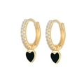 Golden hoop earrings featuring double-row zircon pavé and black heart enamel pendants - Gold Plated Black