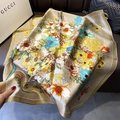 Champagne gold silk square scarf with vibrant floral patterns and satin finish - 70*70cm / 30222-Gold Floral Pattern