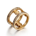 Double-layered golden stainless steel ring featuring a little girl silhouette and zircon stones - Double Ring Girl Silhouette Inlaid Diamond Style (KR44196-K)
