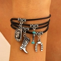 Western multi-layer leather bracelet with silver bull head, boots, and cowboy hat charms - Black Braided Rope Bracelet (01 Black 8732)