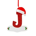 Macro detail of red glitter letter J Christmas tree ornament with festive Santa hat - Letter J