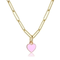 Gold paperclip chain necklace featuring a soft pink enamel heart pendant charm - Paperclip Chain / Pink