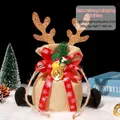 Christmas gift bag with reindeer antlers, golden bell and snowflake ribbon in khaki burlap - Large Antler Bell Khaki