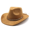Classic camel faux suede western cowboy hat with ethnic beaded band and wide brim - M (56-59cm) / Khaki (Suede)