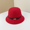 Elegant red wool cloche hat with a slim black leather belt and gold buckle detail - 56-58cm (Adjustable) / Red