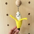 Handmade banana wool felt keychain with cute smiling face and wooden bead charm accessory - Relax Banana