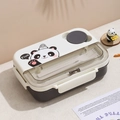 Panda themed bento box in white and brown finish with built-in cutlery compartment - 1250ml / PP Plastic/4 Compartments / Panda (Black & White/Dark Grey)