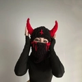 Knitted Halloween balaclava with red devil horns and cross embroidery in black - 57-59cm / Black Red Horn with Cross Embroidery