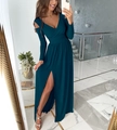 Detail of elegant dark teal long dress featuring V-neckline and high side slit design - S / Bottoms / Green