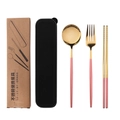 Pink and gold stainless steel cutlery set with travel case and eco-friendly box - Pink Gold Spoon Fork Chopsticks 3-Piece Set - Black Box
