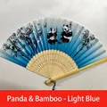 Traditional folding fan with light blue panda and bamboo print on silk and bamboo ribs - Panda Bamboo - Light Handle Blue