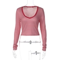 Detail view of red and white striped long sleeve crop top with deep U-neck and red trim - M / Red