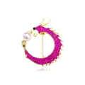 Golden dragon brooch with pink rhinestones and white pearl shown in detail - Gold Pink Rhinestone Pearl Round Dragon