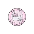 Round enamel cat badge with pink wings and I'm away with the fairies text design - Away with the Fairies (Cat with Wings)