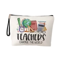 Linen makeup bag with Teachers Change the World print and convenient hand strap - Pattern 2 (GLOBE/CALCULATOR)