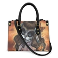 Halloween tote bag with Mexican Day of the Dead skull print and orange butterfly details - Painted Skull Girl Butterfly Orange Gradient - Black Strap