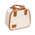 Minimalistische beige canvas lunchtas met bruine handvatten en geïsoleerde binnenkant - Voorflap / 24*15*19.5cm