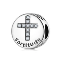 S925 sterling silver bead charm featuring a zircon cross and Fortitude engraving - Fortitude