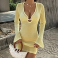 Chic yellow long sleeve knit beach dress with deep V-neck and metal ring detail - S / Yellow