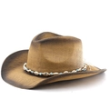 Bohemian straw cowboy hat with shell beads and rolled brim for summer sun protection - M (56-58cm) / Khaki Coffee Spray Paint