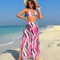 Three-piece bikini set with high-waisted wide-leg mesh cover-up pants in pink zebra print - Pink Striped Set