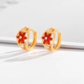Elegant gold earrings with red flower design and cubic zirconia in a hoop style - Red Five-Petal Cutout Flower Huggies-EH023