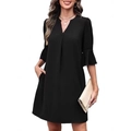 Elegant black V-neck dress featuring feminine ruffle sleeves and practical side pockets - S / Black