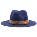 Detailed texture of navy woven straw hat with brown leather band and silver metal studs - Navy Blue