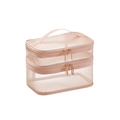 Pink double-layer mesh cosmetic bag with portable handle and two zipper compartments - Double Layer / Orange Pink